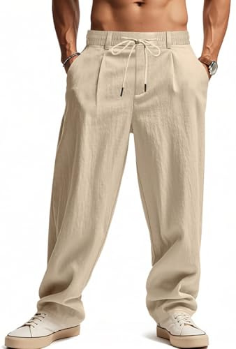 WINKEEY Pantalon Lin Homme Été Léger Pantalon Large Fluide Coupe Ample Taille Élastique Cordon pour Détente Plage Vacances