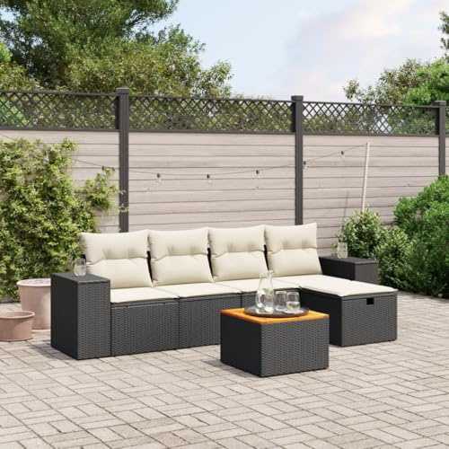 mzdioop Set di 6 divani da giardino in polyrattan nero, con cuscino, resistente alle intemperie, set di mobili da giardino per terrazza, balcone, con tavolo e gruppo di sedute in rattan PE e acciaio