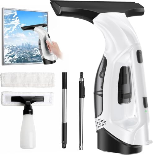 Limpiacristales Eléctrico Inalámbrico con Mango Telescópico, Aspirador De Ventanas 2000pa con Batería 2200mah Depósito 150ml, Kit Spray Microfibra para Ventanas Ducha Espejos Coche