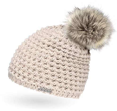 Neverless® Damen Strickmütze Perlstrickmuster Pudelmütze Wintermütze ohne Umschlag mit Fleecefutter und Kunstfellbommel Model 1978 Hell-beige Unisize