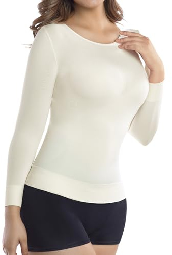 +MD Women Light Compression Undershirts 3/4 Length Sleeve Crew Neck Basic Shapewear Thermal Tops for Tummy Waist Control IvoryL