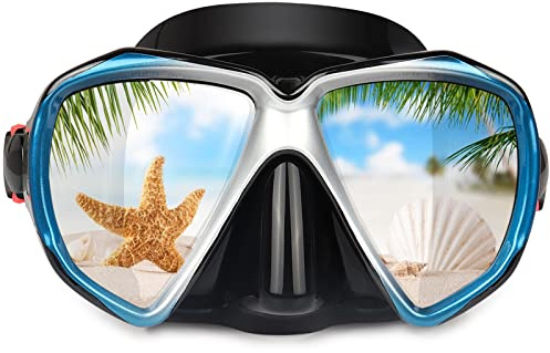 Snorkel Diving Mask Panoramic HD Swim Mask, Anti-Fog Scuba Diving Goggles,Tempered Glass Dive Mask Adult Youth Swim Goggles with Nose Cover for Diving, Snorkeling, Swimming (Black Blue)