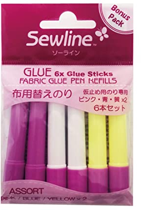 Sewline FAB50062 - Ricarica per colla per tessuti, solubile ad acqua, 6 pezzi: 2 blu, 2 gialli, 2 rosa