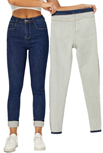 Yehopere - Pantalones Vaqueros de Invierno con Forro Polar para Mujer, Corte Ajustado, cálidos, Cintura Alta, Azul, M