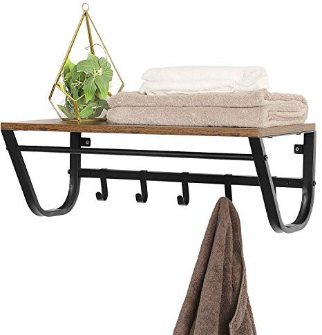 ACAZA Wandgarderobe mit Aufbewahrungsregal, Stange und 5 Haken, schwarzes Metall, Holz, industrieller Vintage-Stil, kleines Wandregal für Eingang, Garderobe, Badezimmer – Braun/Schwarz