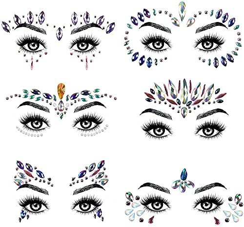 URAQT Face Gems Glitter, 6 Pcs Face Glitter Halloween Face Stickers Set, Crystals Stick on Gems for Eyes Body, Self-adhesive Rhinestone Temporary Tattoos Festival Halloween Decorations