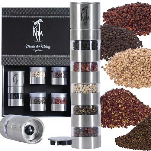 Khla - Coffret 5 Moulins à Poivres du Mékong - Coffret Cadeau - Poivres de Kampot & Sichuan - Grands Crus Rares - Poivre du Monde - Moulins Rechargeables - Origine Cambodge & Chine