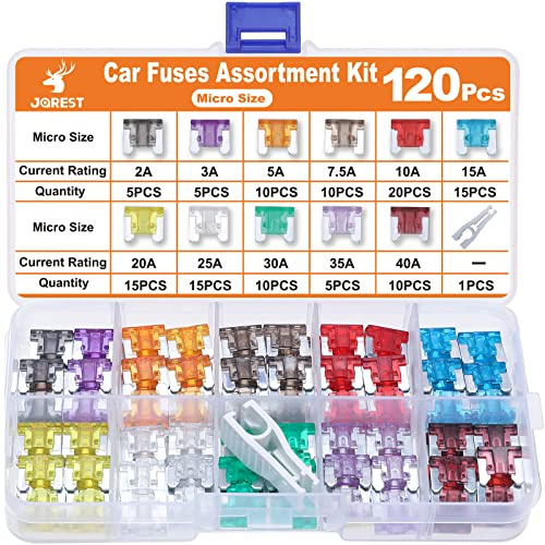 JOREST 120 PCS Micro Fusibles Mécaniques de Voiture pour Véhicule Auto Moto Bateau Camion RV, Micro Assortiment Voiture Fusible à Lame Small, 2A 3A 5A 7.5A 10A 15A 20A 25A 30A 35A 40A