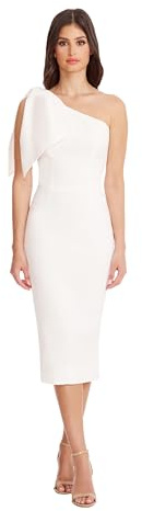 Dress the Population Women's Asymmetrical Bow Neckline Bodycon Midi Dress, White, Large