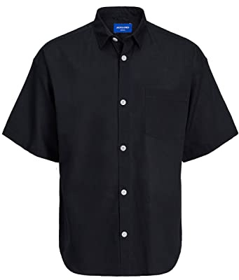 JACK & JONES Herr JORFLORES linne skjorta SS skjorta, svart, L, svart, L
