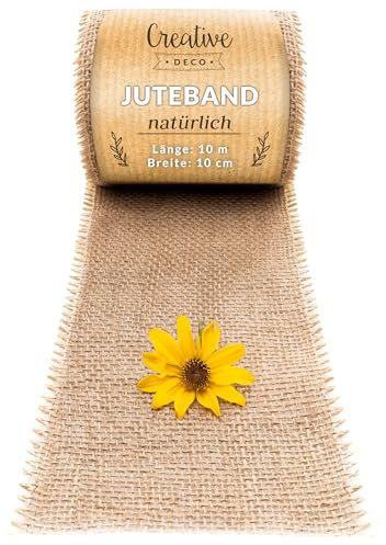 Creative Deco Juteband Jute Runner | Rolle 10 cm x 10 m | Wickelstreifen | Tischläufer Hochzeitsdeko Dekoration | Breit Naturbrauner Stoff | Jutestoff Tischband | Dekorativer Boho Band