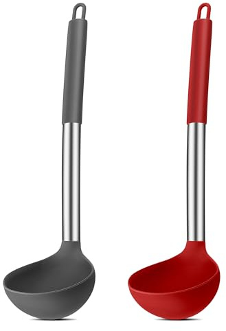 Soppslev, Joyfair 2-delad silikon slev set, värmebeständig slev med handtag av rostfritt stål, 30 cm stor såssked för matlagning/omrörning/servering, hälsosam och non stick – grå och röd