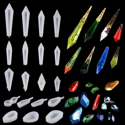 wikimo 18 Stück Silikonformen gießformen, DIY Epoxidharz Silikonformen für Anhänger Halskette, Silikongießformen für mehrfacettierten Harzschmuck, Quarzkristallanhänger und Harzhalsketten