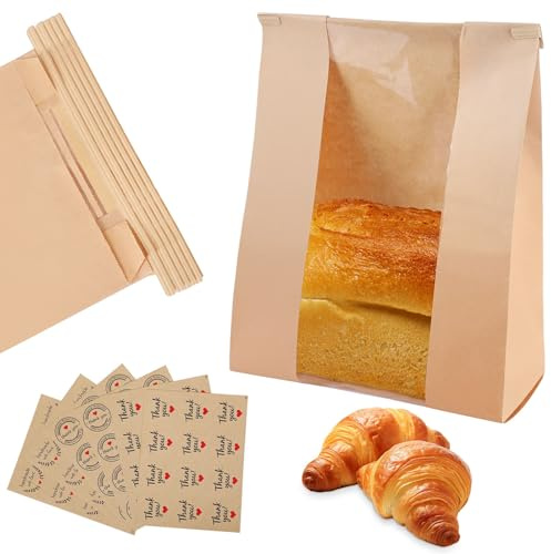 50 Pcs Bread Bags with Window Bread Bags for Homemade Bread Sourdough with Metal Tin Strip and Cute Seal Stickers Bakery Food Packaging Storage Cookie Bag Bread Gift Giving（14 x 8.3 x 3.3 In）