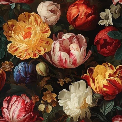 VEELIKE Antique Tulips Floral Wallpaper Vintage Black Flower Wallpaper Patterned Wall Mural Leaf Contact Paper for Furniture Stickers Self Adhesive Botanical Wall Paper Bedroom Hallway 44.5cm×300cm