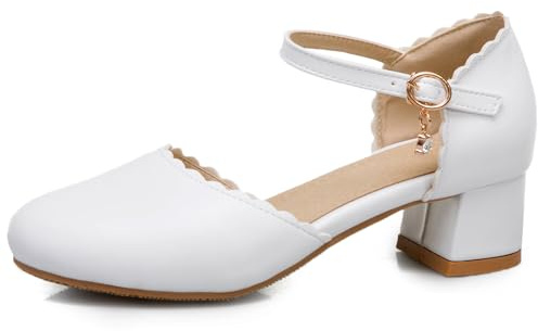 OALEEN Chaussures Sandales Femme Fille Eté Petit Talon Carré Bride Cheville Bout Rond Fermé Escarpins Soirée Mariage Blanche 35