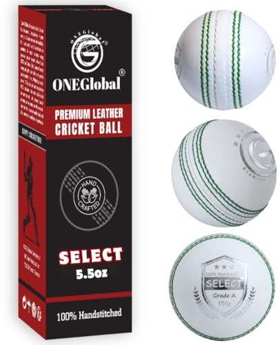 ONEGlobal Select - Palla da cricket in pelle, 100% realizzata a mano, 156 g, costruzione in 4 pezzi, ideale per T20, pratica in rete, allenamento, ecc. (selezionare, 3 bianco)
