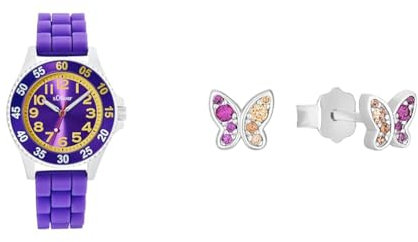 s.Oliver Armbanduhr Lila mit passenden Schmetterlings-Ohrstecker für Mädchen aus 925 Sterling Silber, Kinderschmuck, Ohrschmuck