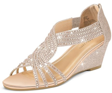 PIZZ ANNU Womens Sandals Mid Wedge Heel Sparkly Glitter Shoes for Ladies Strappy Rhinestones Bridal Wedding Prom Party Rose Gold Size 7