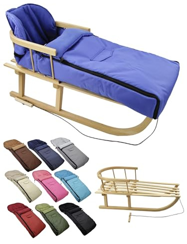 BambiniWelt Träsläde med ryggstöd och dragrep vinteråkpåse 108 cm – varm termofleece, vattenavvisande – kombinationsset för barnvagnar och buggy, färg: blå