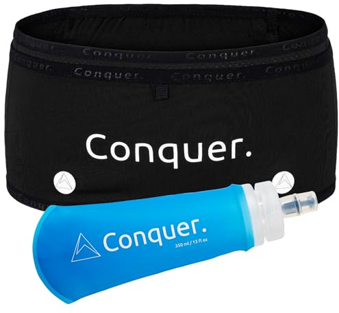 Conquer. Laufgürtel mit 350ml Trinkflasche – Eng anliegende Lauftasche Damen & Herren | Running Belt mit Handyhalterung & Trinkfach | Bauchtasche Laufen