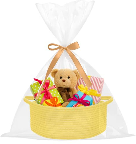 powerking Small Woven Basket with Gift Bags and Ribbons, Empty Decorative Gift Chest Box, Baby Gift Basket for Nursery, Cotton Rope Shelf Storage Bin Organizer Cube with Handles