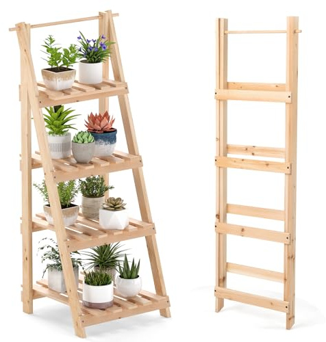 HOMASIS Porte-plantes d'intérieur à 4 étagères, étagère présentoir à escalier en bois d'épicéa, support pour plantes pliable et multifonctionnel pour salon, entrée, 38 x 52 x 109 cm, naturel