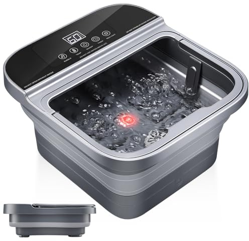 Heated Foot Spa, Collapsible Foot Bath Roller Massager with Heat, Bubble, and Temp Control, Electric Foldable Foot Massager with Remote