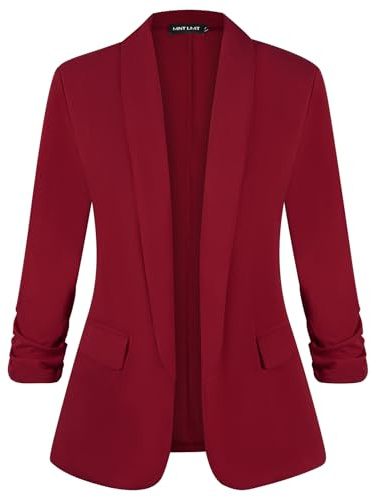Kyzoeyou Women's Blazer Suit Open Front Jacket Ruched 3/4 Sleeve Work Office Blazers Shawl Collar Lined Casual Coats with Pockets(Red Small)