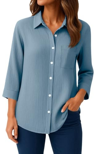 Women's Blouses & Shirts 3/4 Sleeve T- Shirts Female Cotton Blend Tops, Ladies' Office Blouse Basic Fitted Shirt, Polo Collar Sleeve Top, with Buttons and Pockets 01-Blue M