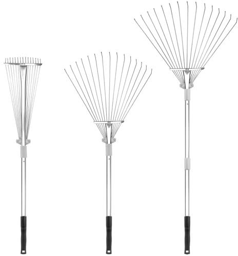 Buyplus Adjustable Garden Leaf Rake - 24 to 63 Inch Telescopic Metal Expandable Folding Leaves Rake, Metal Rakes for Leaves, Yard Rakes for Lawn Yard, Flowers Beds, Sliver