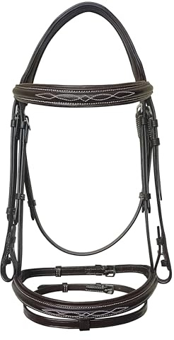 Equine Care Bride de cheval anglais avec rênes – Coutures fantaisie, couronne et muserolle confortables rembourrées, cuir tanné végétal, raccords en acier inoxydable, pull de chasseur taille complète