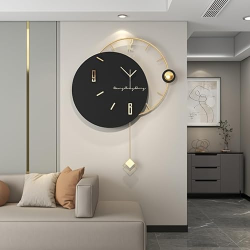 JIUJIUDA Große Wanduhr für Wohnzimmer Deko Moderne Dekorative Schwarze Metall Wanduhr mit Pendel Batteriebetrieben ohne tickgeräusche für Küche Büro Schlafzimmer Lautlos Runde Minimalistisch Uhr