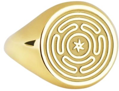 LKBEADS hekathjul i 925 sterlingsilver | guldpläterad ring | Sigillring i rund form, 14 x 14 mm | Bandstorlek US 5–12,5 avelaibal | LKDR_0154
