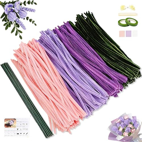 Pfeifenreiniger Blumen Set, 300 Stück Pfeifenputzer zum Basteln, Pfeifenreiniger zum Basteln, mit Grüne Bastelfaden, Klebeband, Geschenkpapier für Blumenstrauß DIY, Violett