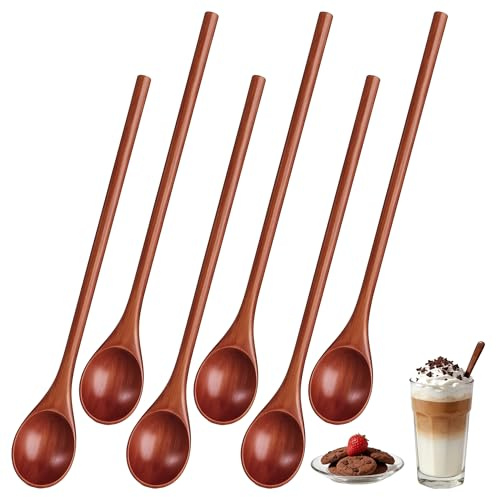 6 cucharas pequeñas de madera – Mini cucharas mezcladoras de madera con mango largo, cucharas de madera hechas a mano para mezclar café y miel, cucharas de té helado de madera, utensilios de cocina