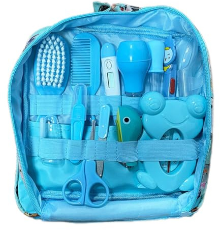 Kit de soins de santé et toilettage pour bébé, aspirateur nasal, coupe-ongles, brosse à cheveux, kit nettoyage quotidien pour nouveau-né, 13 pièces/ensemble, style B, bleu