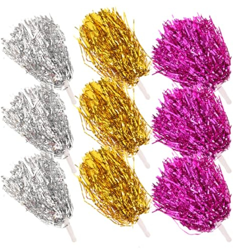 Toyvian Lot de 9 Pompons de Cheerleading Portables 3 Couleurs Métalliques Poignée Lisse, Accessoires Sportifs pour Pom-Pom, Applaudissements Lors de Matchs et Événements en Plein Air