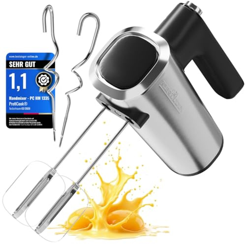 ProfiCook® PC HM 1335 Handmixer | 5 nivåer | mjuk start | Diskmaskinssäkra tillbehör | Turbo | 400 W | Handmixer | 2 vispar i rostfritt stål och 2 krokar