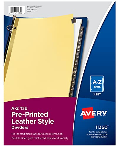 Avery A-Z Dividers for 3 Ring Binders, 25-Tab Set, Pre-Printed Black Leather Tabs, 1 Binder Divider Set (11350)