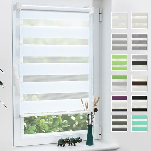 Grandekor Doppelrollo Klemmfix ohne Bohren Weiß 60x100cm(Stoffbreite 56cm) Fenster Rollos für innen Klemmrollos Duo Rollos für Fenster ohne Bohren mit Bohren Privatschutz UV-Schutz Zebrarollo
