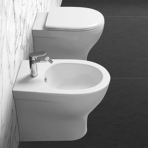Inbagno Coppia Sanitari Filo Muro a Terra, in Ceramica Bianca Lucida Serie Pratica, Completa di copriwater con Chiusura rallentata