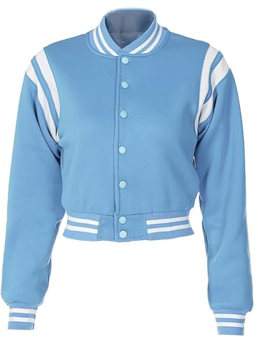 Women Cropped Varsity Jacket Retro Baseball Jacket Bomber Coat Streetwear Blue