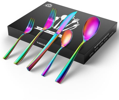 vancasso Besteck Set Regenbogen 6 Personen, 30 PCS Bunt Besteckset Spülmaschinenfest,6 x Messer/6x Gabel/6x Löffel/6x Dessertgabel/6x Kaffeelöffel, 18/10 Edelstahl Essbesteck Poliert mit Geschenkbox