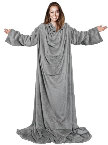 jely Decke mit Ärmeln & Tasche 170x200 cm Kuscheldecke mit Ärmeln für Damen und Herren Tragbare Winter TV-Decke Weiche Warm Lesedecke für Sofa, Wohnzimmer, Lesen, Fernsehen (Silbergrau)