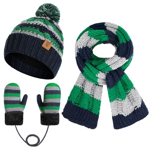 INSISMY Ensemble Bonnet Écharpe Gants pour Enfant 3-8 Ans Hiver Chaud Tricoté Chapeau avec Pompon Moufles Doux Polaire Épaisse Set pour Garçons Filles