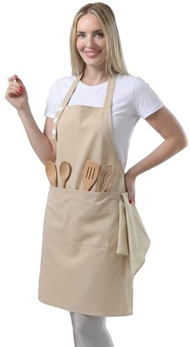 TOSHE Delantal de cocina de algodón resistente a las salpicaduras de agua con delantales ajustables para mujer con bolsillos delantal de cocina, Beige., Talla única