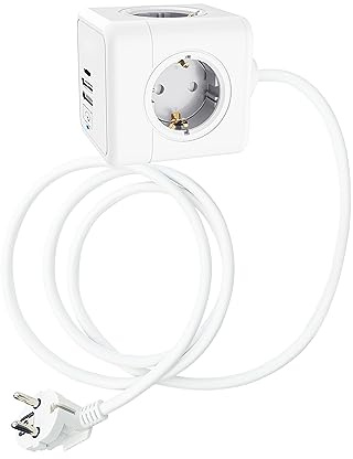 Technaxx Power Cube USB TX-195 – Grenuttag Kub med 4× 230V Uttag, 2× USB-A & 1× USB-C – Fleruttag med Barnskydd, Twist-Lock Fäste & Klisterpad, Kompakt Design för Hem & Kontor