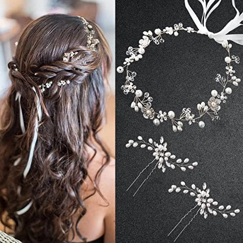 Braut Hochzeits Kopfschmuck,3 Stück Braut blumen Haarschmuck Damen Tiara, Hochzeits Haarnadel Set, Perlen Hochzeits Haarschmuck für Brautjungfern, Abschlussball