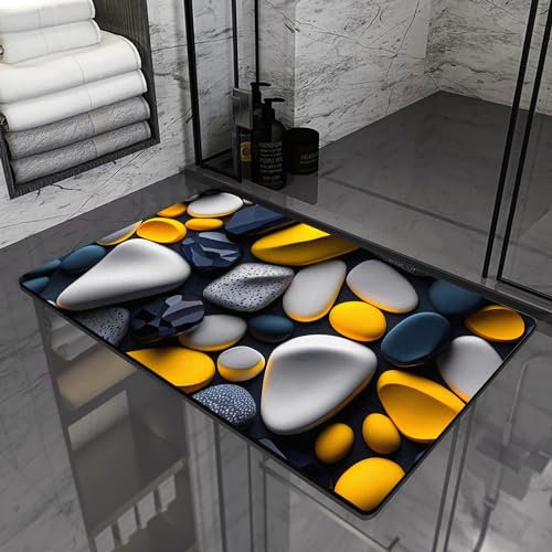 Olnamaro Badematte Stein(3D-Muster) Badematte Rutschfester Badezimmerteppich Absorbierender Badteppich 80x50cm,Schnelltrocknende Badematte,Garnieren Sie die Stimmung (Gelb, 80x50CM)